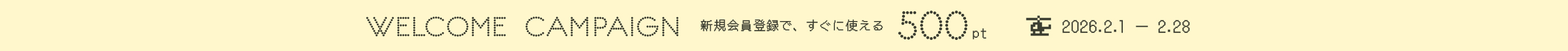 新規入会キャンペーン500ポイントプレゼント 2/1 0:00 から 2/28 23:59まで