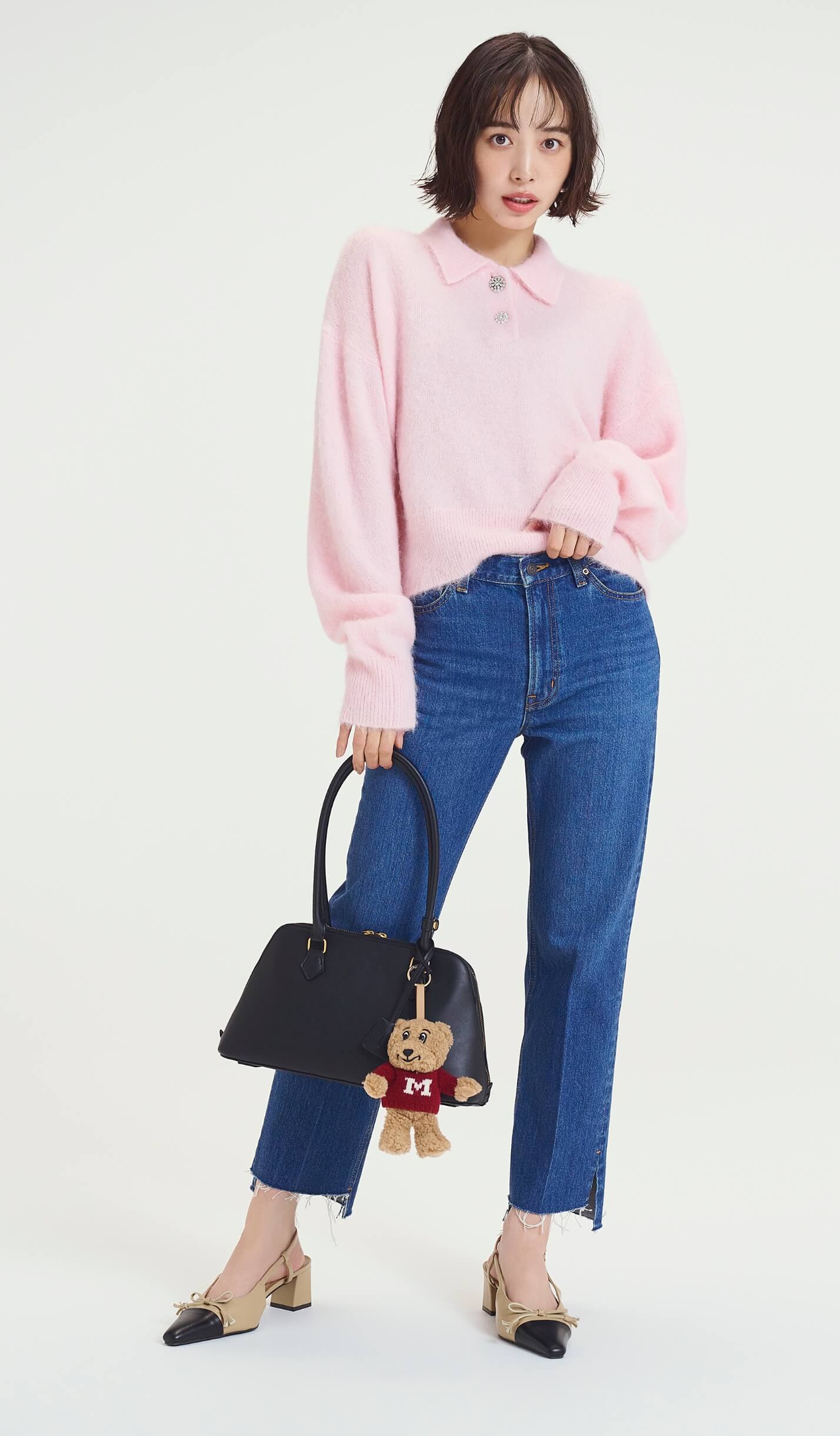 ビジュー釦クロップドポロニットプルオーバー