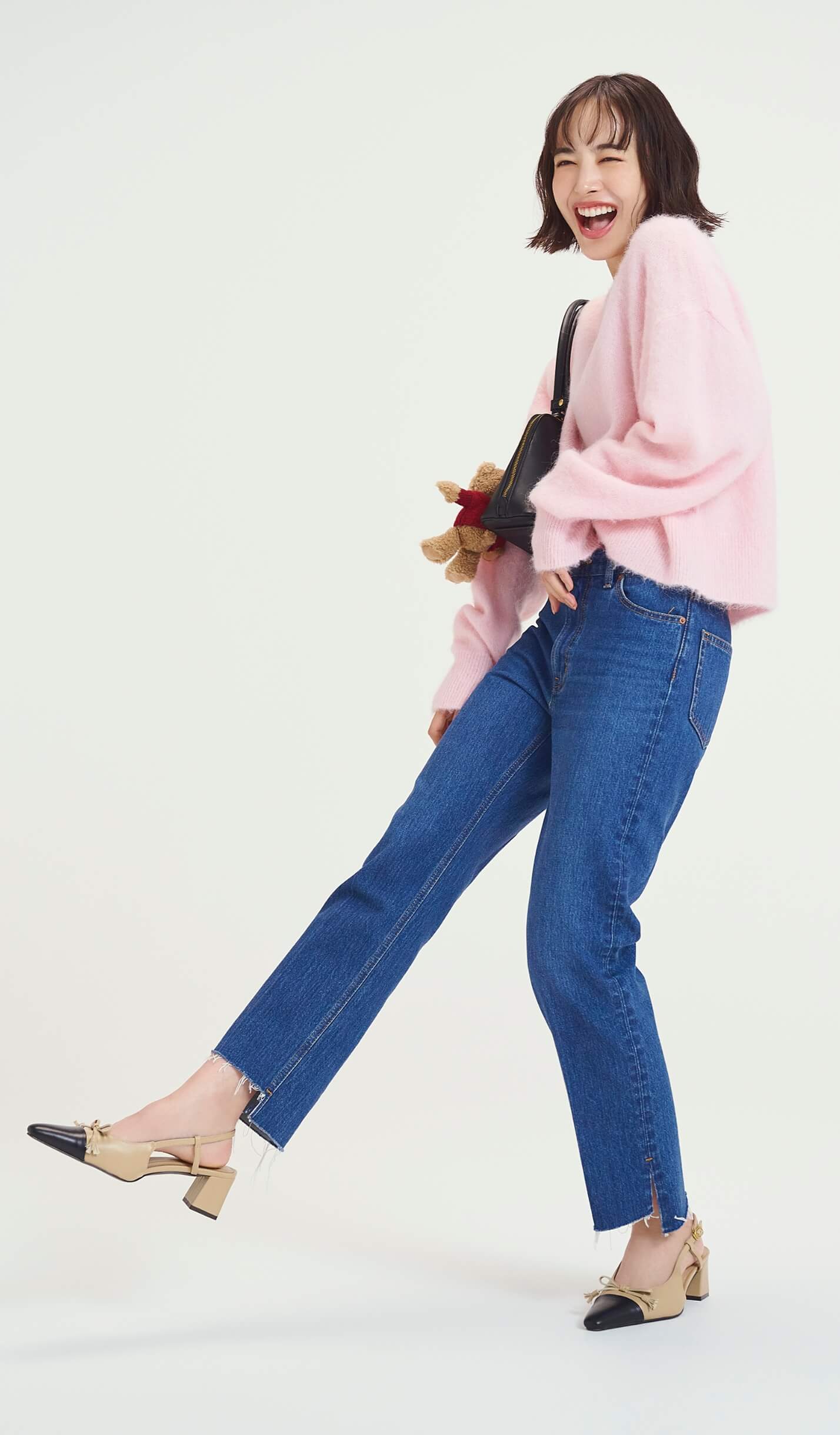 撥水加工センタープレス裾段差デニムパンツ