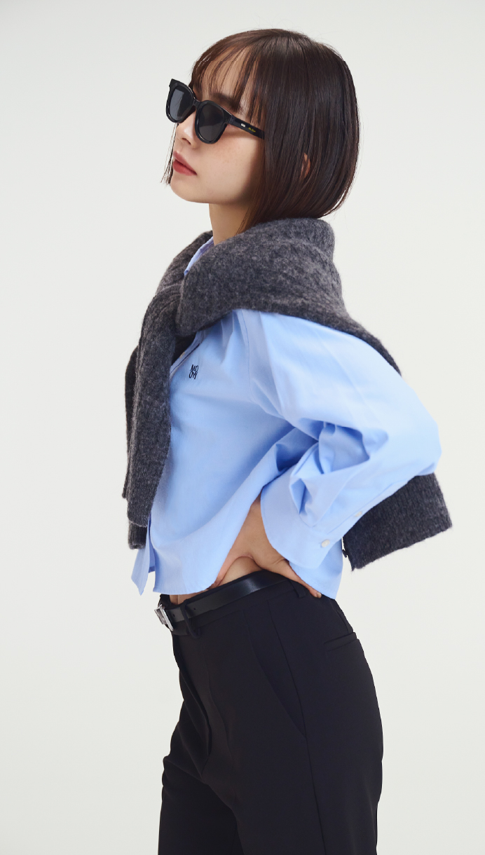 ボタンダウン短丈シャツ、後ろゴムセンタープレステーパードパンツ