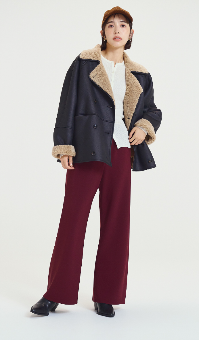 フェイクレザームートンジャケット、ベロアリブニットカーデ