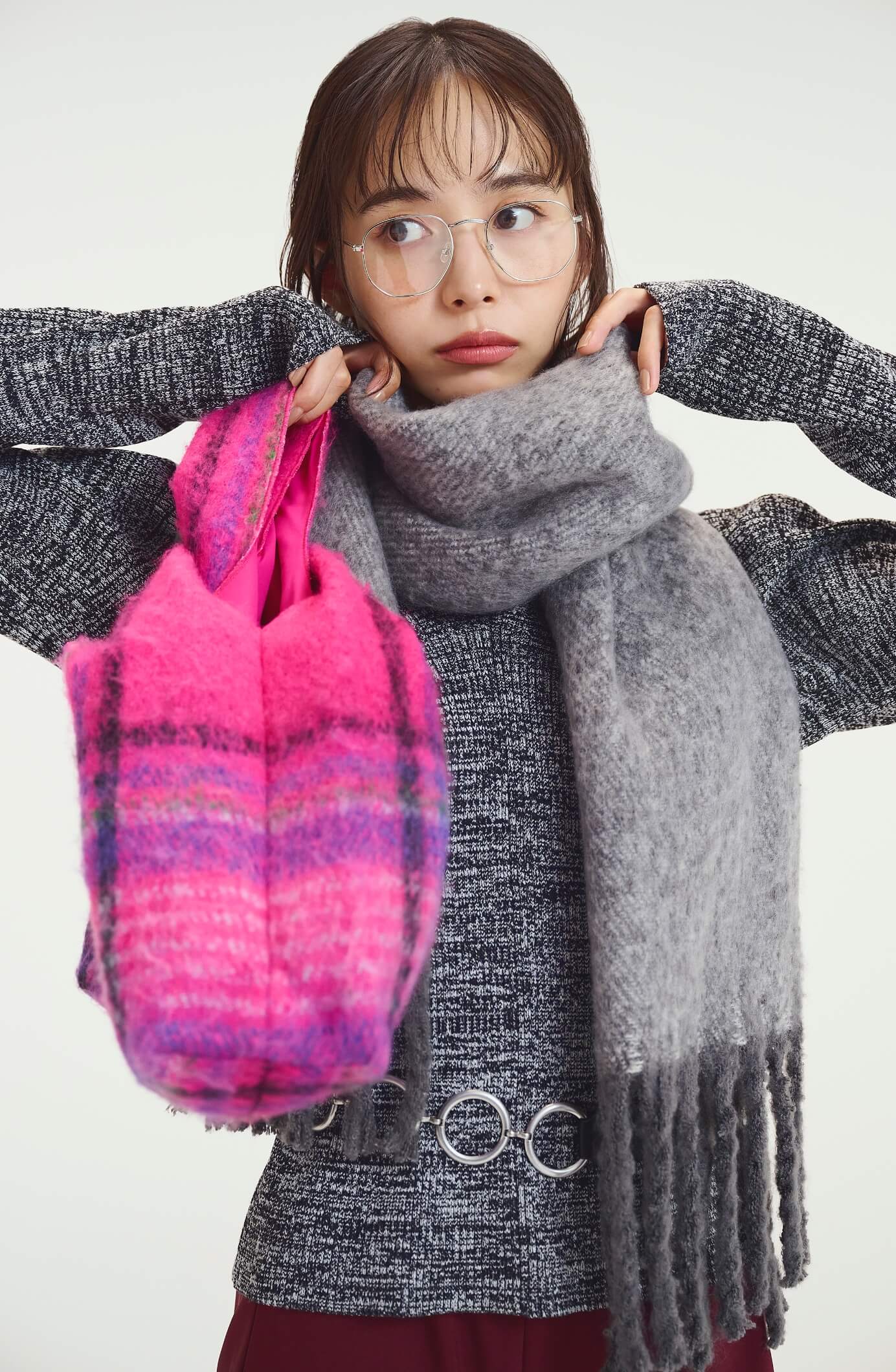 Vネックカーブスリーブリブニットトップス、ウエストゴムイージーワイドパンツ