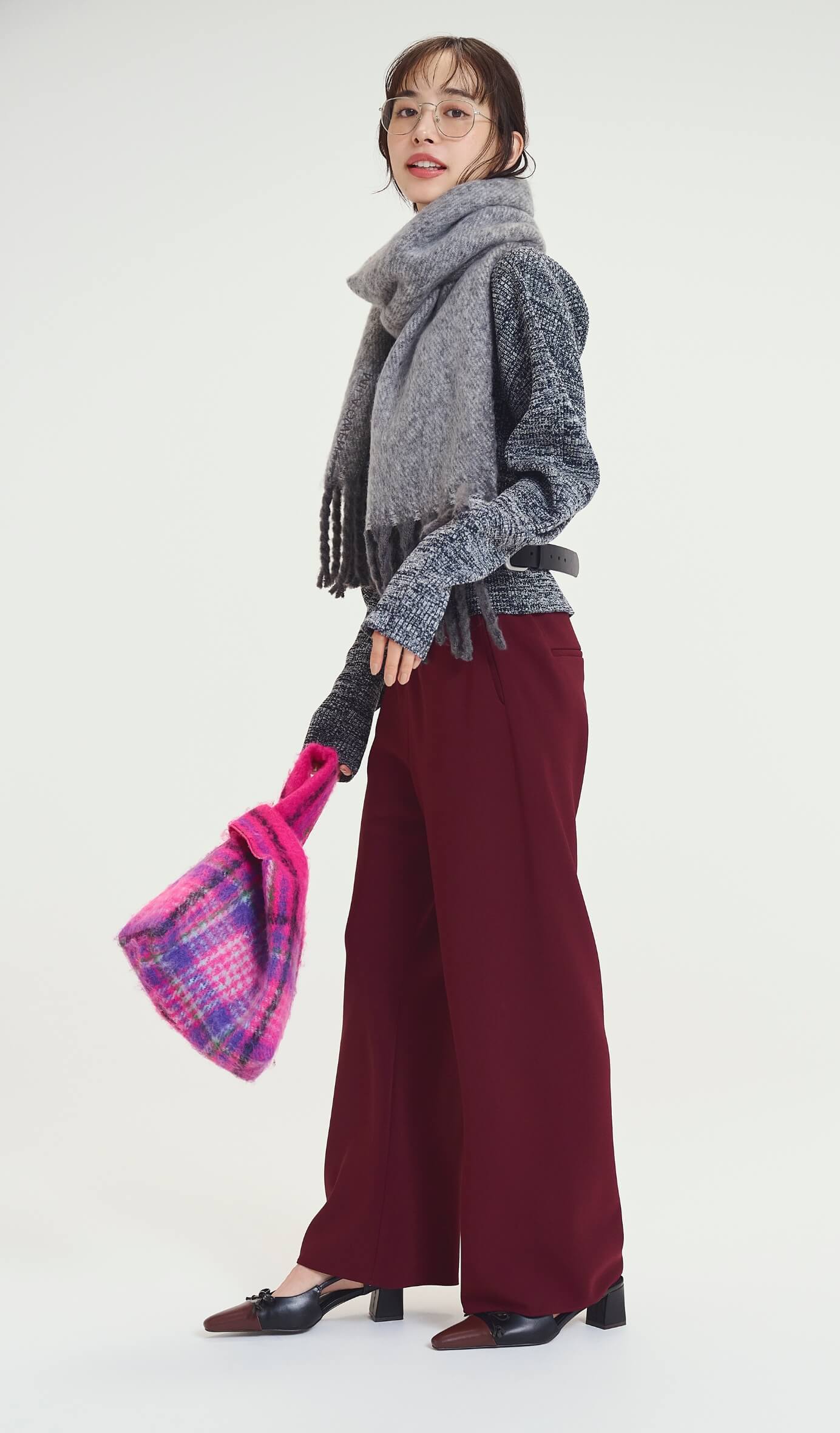 メタルスリムフレームダテメガネ、起毛エコバッグ、リボンスリングパンプス